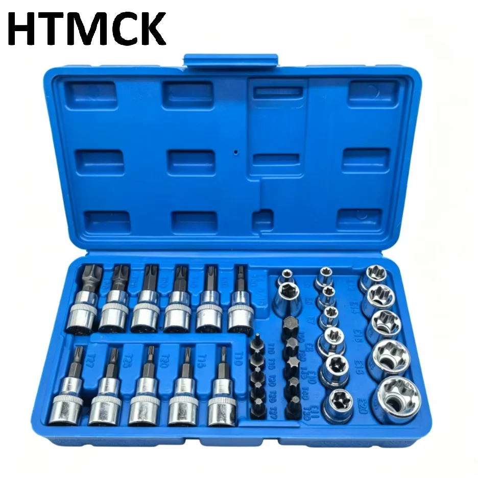 プロ仕様34個入りトルクスビットソケット＆e-トルクススターソケットセット-1-4インチ-3-8インチ-1-2インチ-ドライブ-オス・メス-e-トルクスビット-ハンドツール-ケース付き