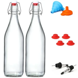 Classic Swing Top Glass Bottles 1L w/Marker & Labels - Clear Bottle with Caps for Juice, Water, Kombucha, Wine, Beer Brewing