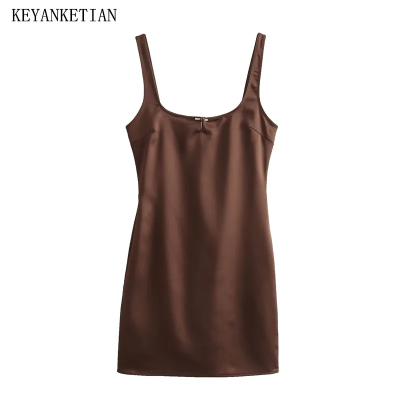 KEYANKETIAN 2024 New Launch Women's Satin Slip Dress Stylish Sexy Zipper Slim Corset Backless Mini Dress Spicy Girl Sundress