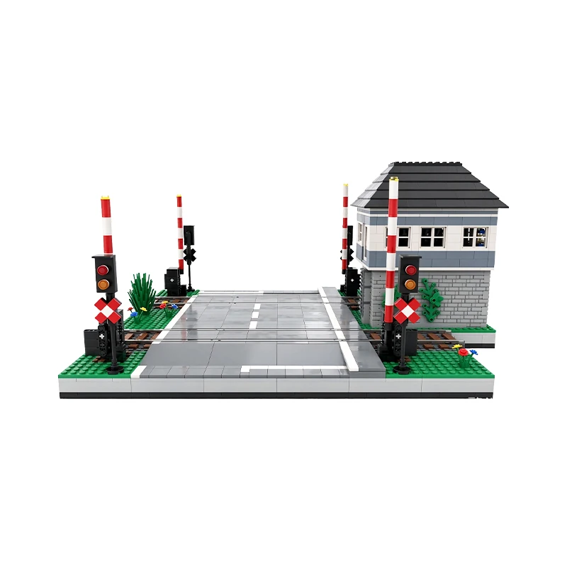 MOC Motorized Railway Level Crossing Building Blocks Electric Track Road Signal Gate DIY Bricks Model Toy Gift