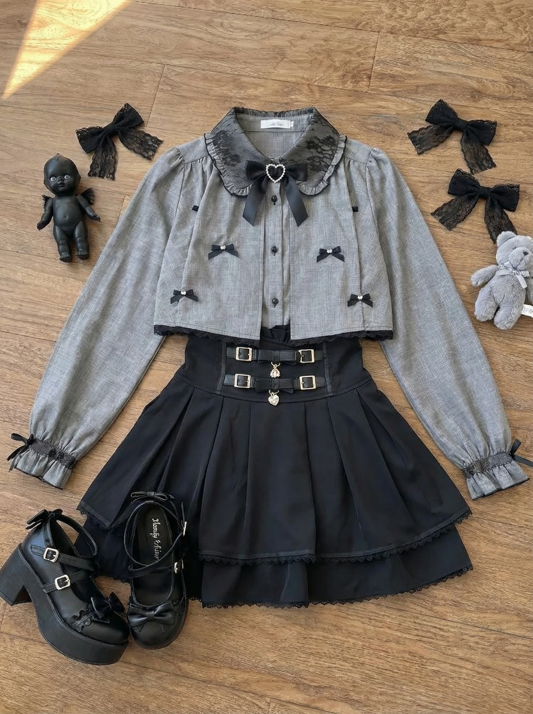 

Sweet Elegant Kawaii Slim Suit Women Casual Solid Short Tops High Waist Black Y2k Mini Skirt Japanese Gothic Vintage Lolita Set
