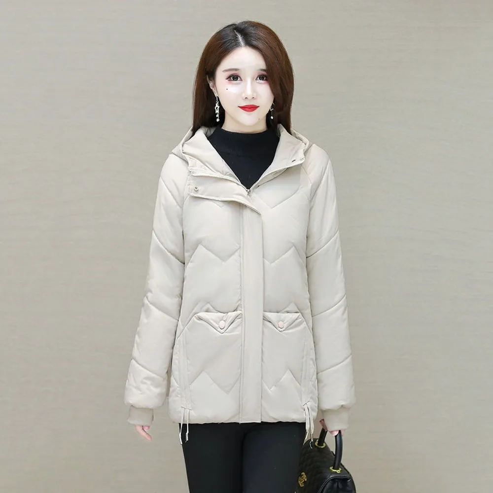 Middle-aged Ladies Winter New Down Cotton-padded Jacket Coat Female Solid Color Hooded Korean Slim Mother Cotton-padded Clothes