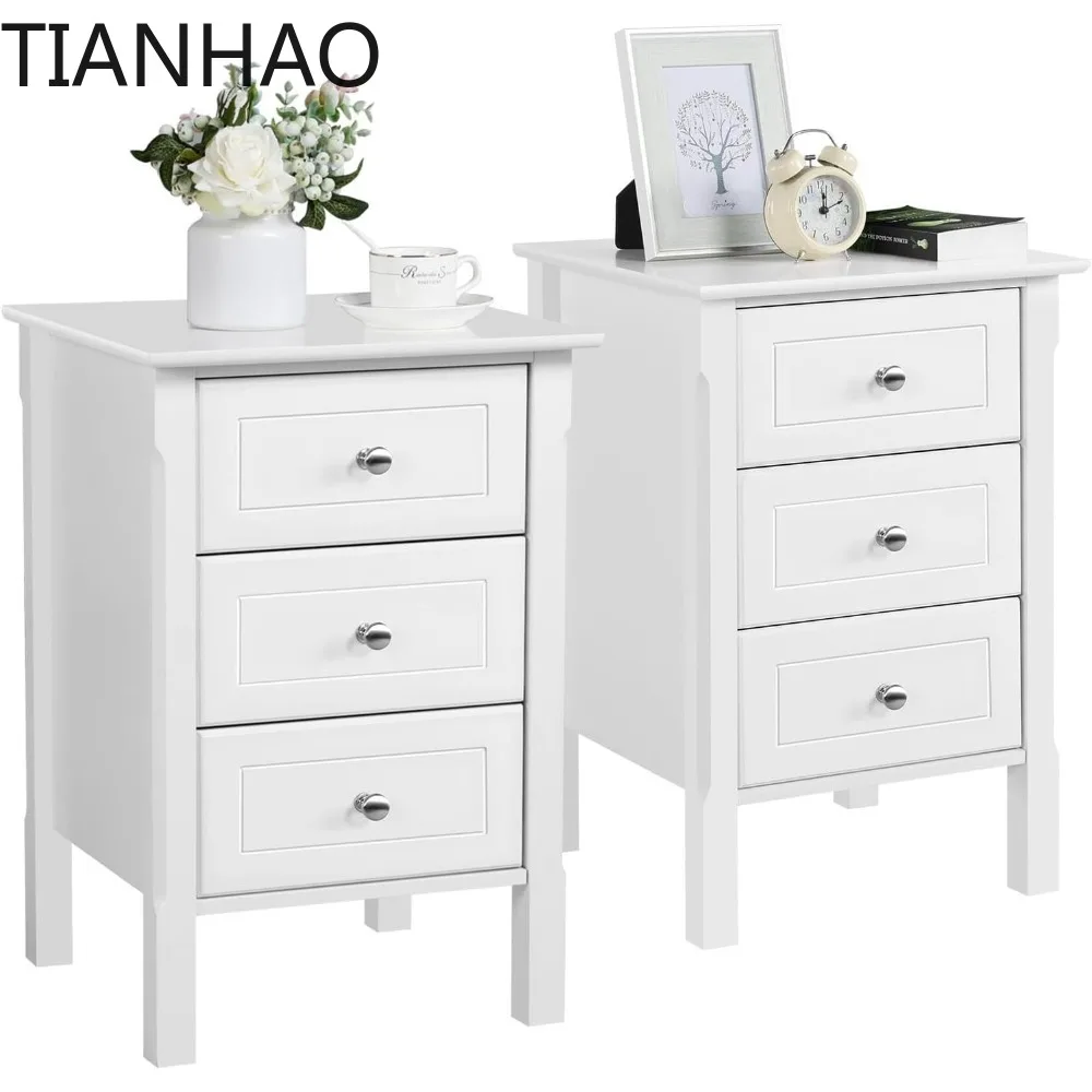 Nightstand Set of 2,Wooden 3-Drawer Bedside Table with Solid Wood Legs, Bedside Cabinet Cupboard Storage Organizer