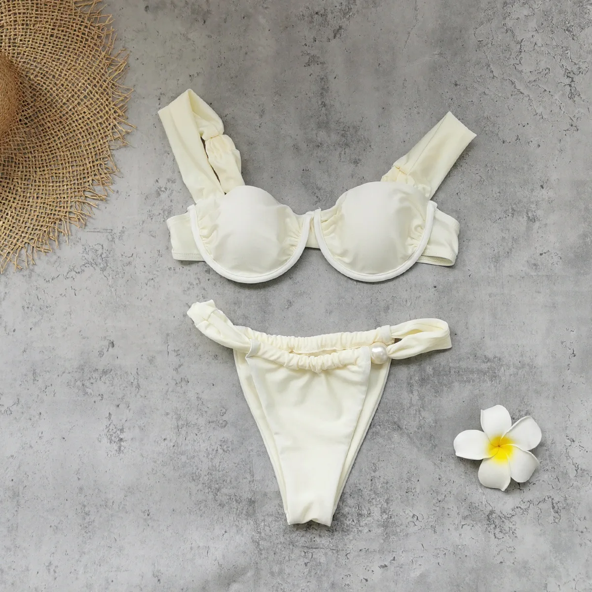 Sexy Beige Long Cover Up 3 Piece Bikini Set Women Push Up Underwire Bra Pearls Pleate Thong Swimsuit Beach Bathing Suit Swimwear