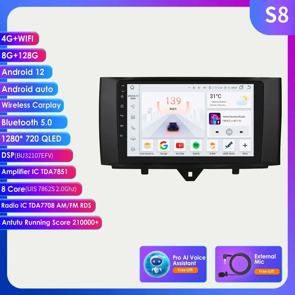 9 "ossuret android13 auto raido für mercedes benz smart fortwo 451 2010-2015 multimedia carplay stereo auto gps dsp rds 4g swc 6