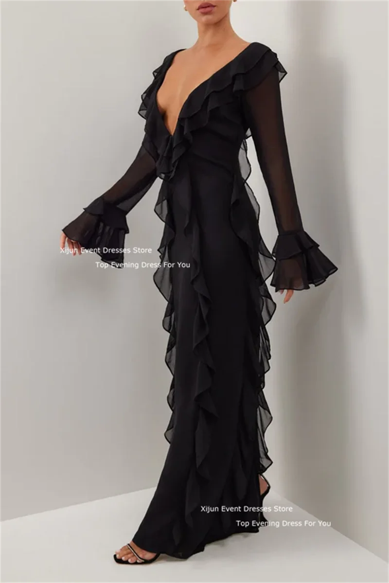 Xijun Black Asymmetric Evening Dresses Long Chiffon Prom Dresses Long Sleeves Party Dresses V-Neck Prom Gowns Ruffles For Women