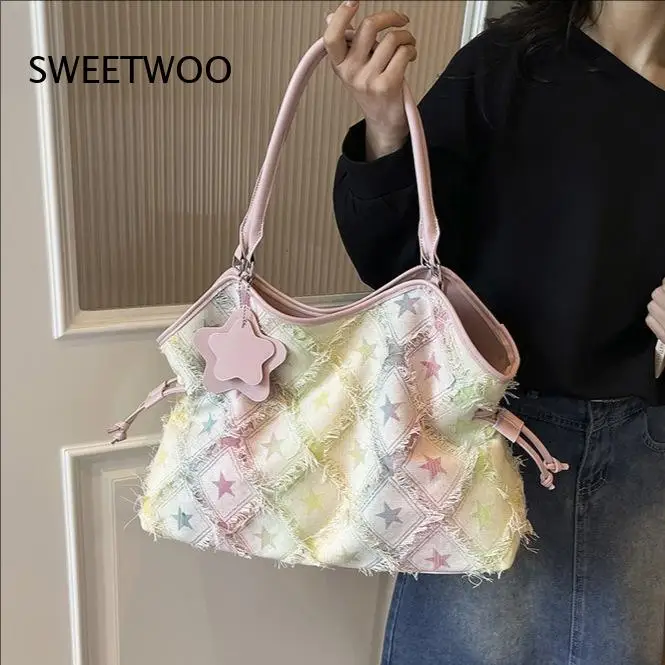 2026 Vintage Star Denim Canvas Underarm Tote Bag Drawstring Design Large Capacity Single Shoulder Purse