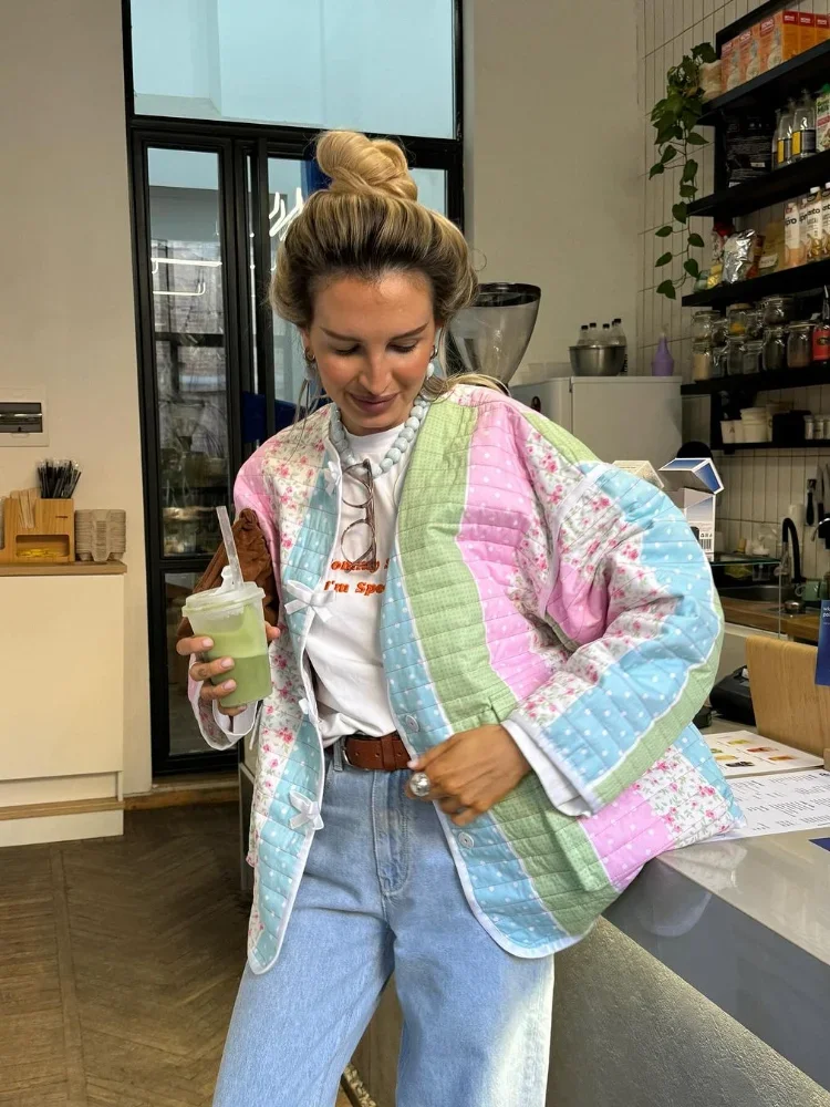 Dame kleurrijke bedrukte strik katoenen jas dames ronde hals enkele rij knopen jas met volledige mouw 2025, nieuwe mode dagelijkse straat uitloper