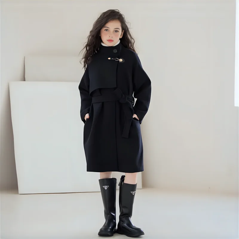 Girls Winter Wool Coat Mid-length Double-faced Tweed Overcoat for Kids Fashion Black 10 12 14 Years Teenage Children Outerwear