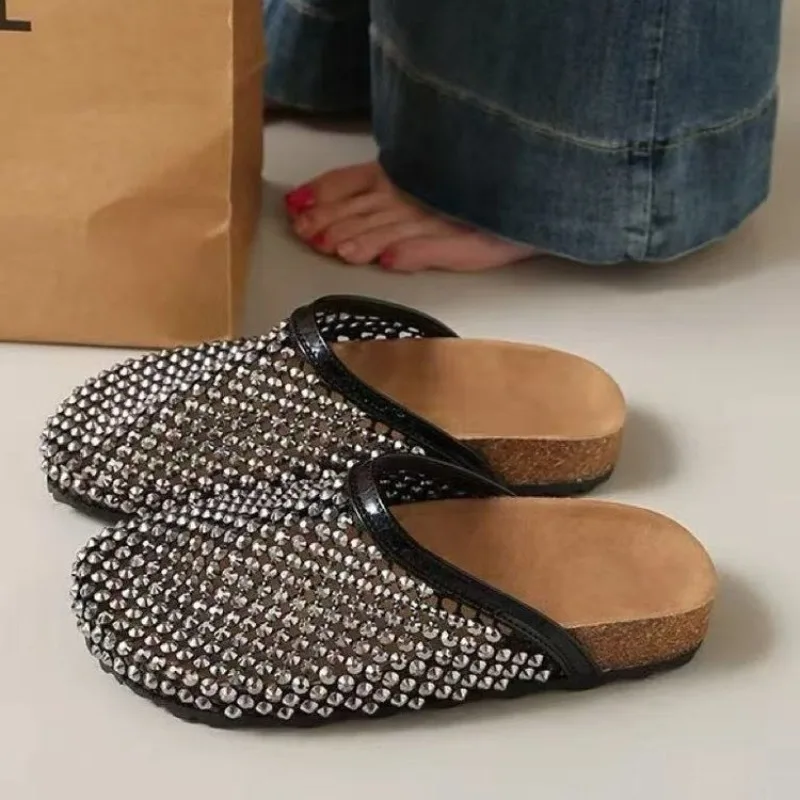 Super Popular Water Diamond Full Diamond Women's Shoes, Fishing Net Toe Cover Half-slippers, Flat Lazy Women's Sandals