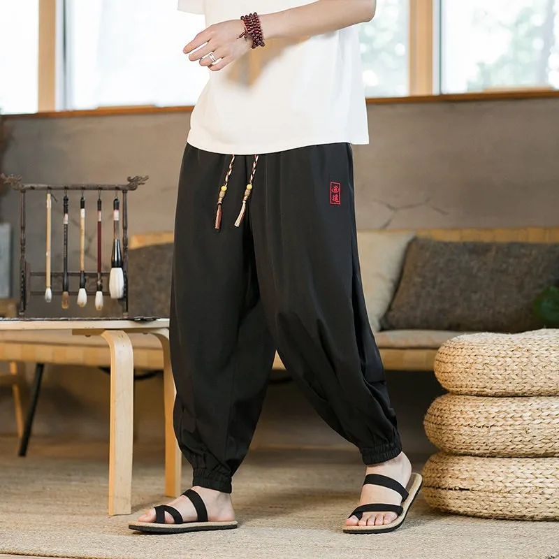 Men's Harem Pants Chinese Style Summer Lightweight Jogger Pants Solid Color Casual Trousers Oversized Loose Lantern Pants