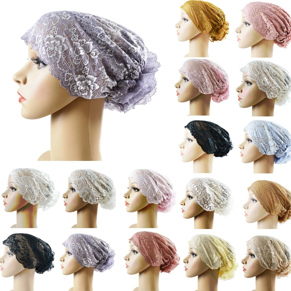 Women Lace Hat Islamic Inner Caps Head Underscarf Headwear Wrap Beanies Bandanas Skullies Head Wrap Muslim Turbantes Mujer