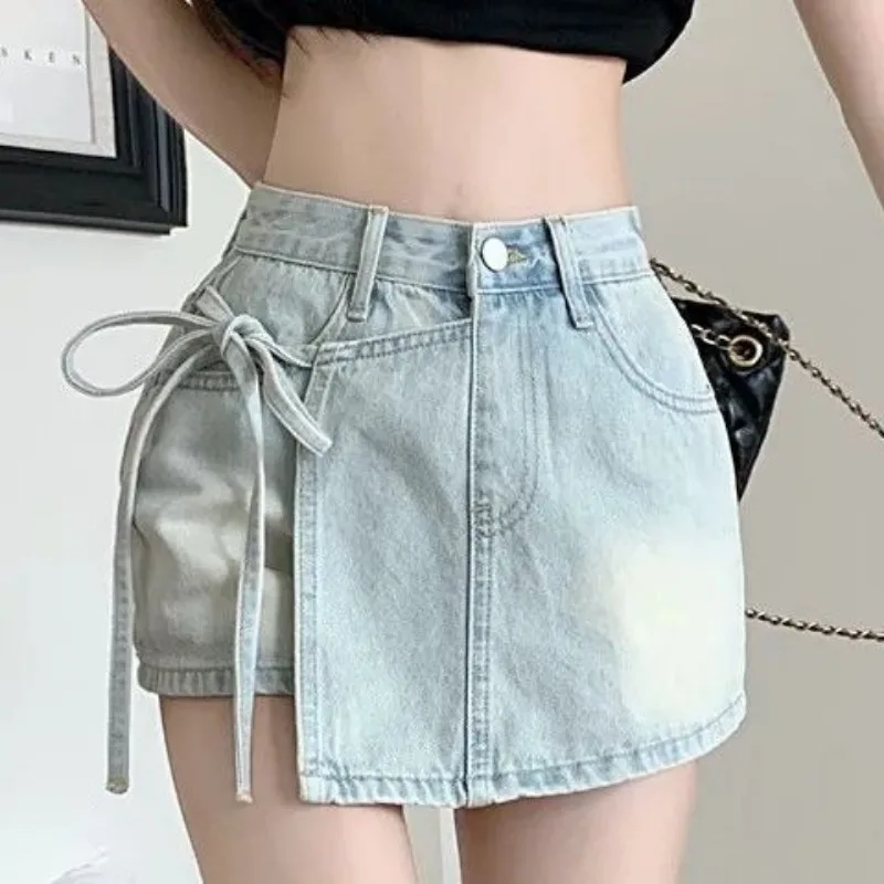 Irregular Denim Skirt Women's 2025 Summer New High-waisted Design Drawstring Hip-wrapped Shorts Skirt