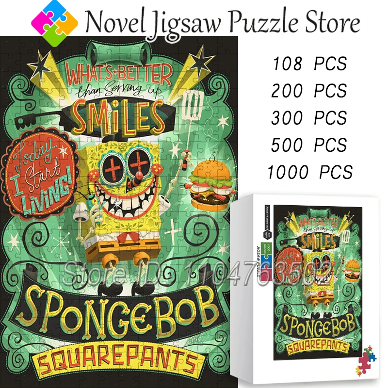 

Пазлы с изображением Губки Боба Квадратныхштанов, 108/200/300/500/1000/1500 элементов, мультяшные головоломки для взрослых, игрушки для снятия стресса, подарок на Хэллоуин