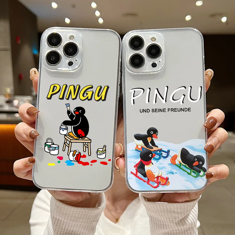 Kreskówka pingwin pingwin etui na telefon dla iphone 15 14 13 12 11 XS Pro Max Mini X XR 7 8 Plus SE 2020 miękki silikonowy przezroczysty Capa