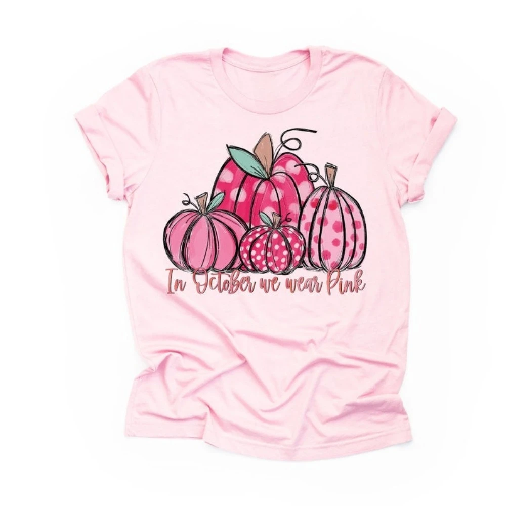 

Breast Cancer Awareness Shirt in October We Wear Pink Cute Pink Pumpkin on Premium Tops Canvas Unisex Shirt Round Neck