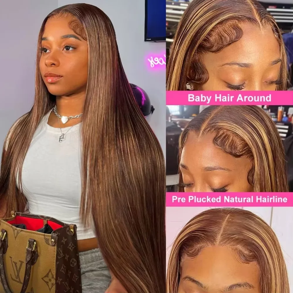 วิกผมตรงสีน้ำตาลออมเบรไล่เฉดสีน้ำตาล ขนาด 40 42 46 นิ้ว รุ่น P4/27  วิกผมแท้แบบ HD Lace Front 13x6 สำหรับผู้หญิง สีน้ำตาลน้ำผึ้ง