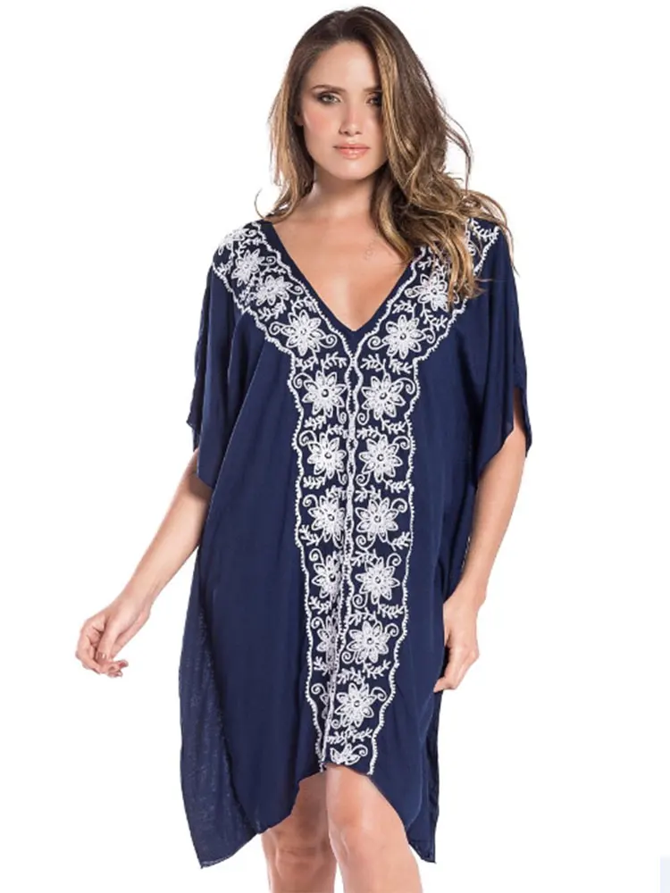 

2023 Sexy V-Neck Batwing Sleeve Summer Beach Dress Blue Cotton Tunic Women Beachwear Cover-ups Indie Folk Embroidered Dress Q783