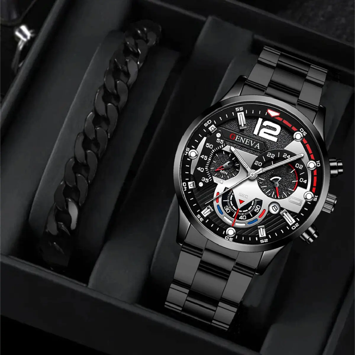 2pcs Mens Luxury Silver Quartz Watch With Stainless Steel Bracelet Men Fashion Business Casual Watch Luminous Clock