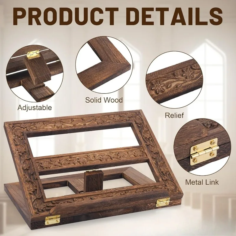 Foldable Adjustable Wooden Book Reading Stand, Carved Book Holder Desk Book Display Shelf