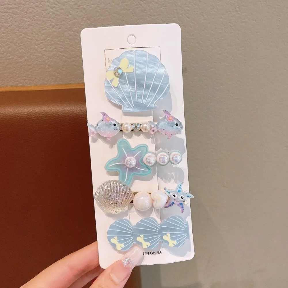 5Pcs/Set Sweet Ocean Series Shell Starfish Hair Clips Set Pink Conch Mermaid Hairpins Side Clip Pearl Barrette Girls
