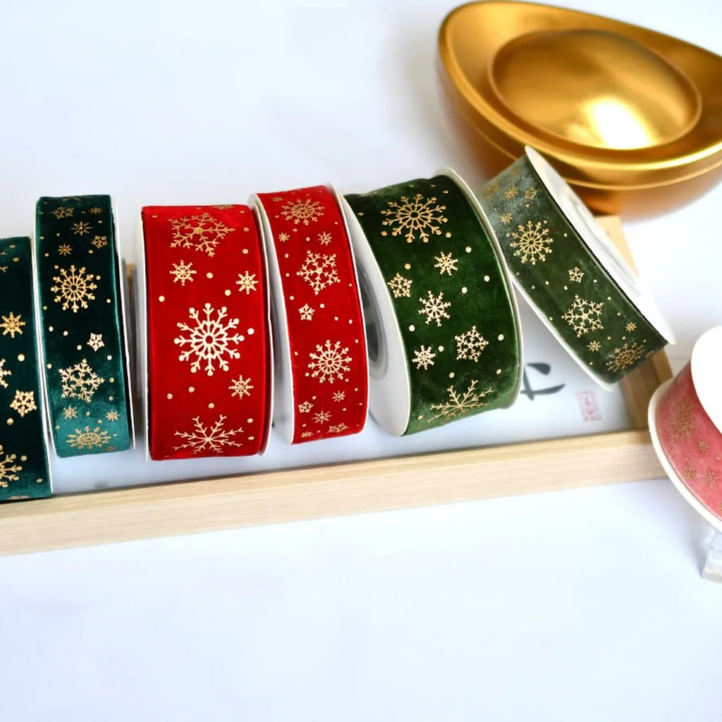5 Yards/Roll 2.5cm Snowflakes Printed Velvet Ribbon Christmas Gold Foil Elk Tape for DIY Bow Crafts Gift Wrapping 2026 Xmas