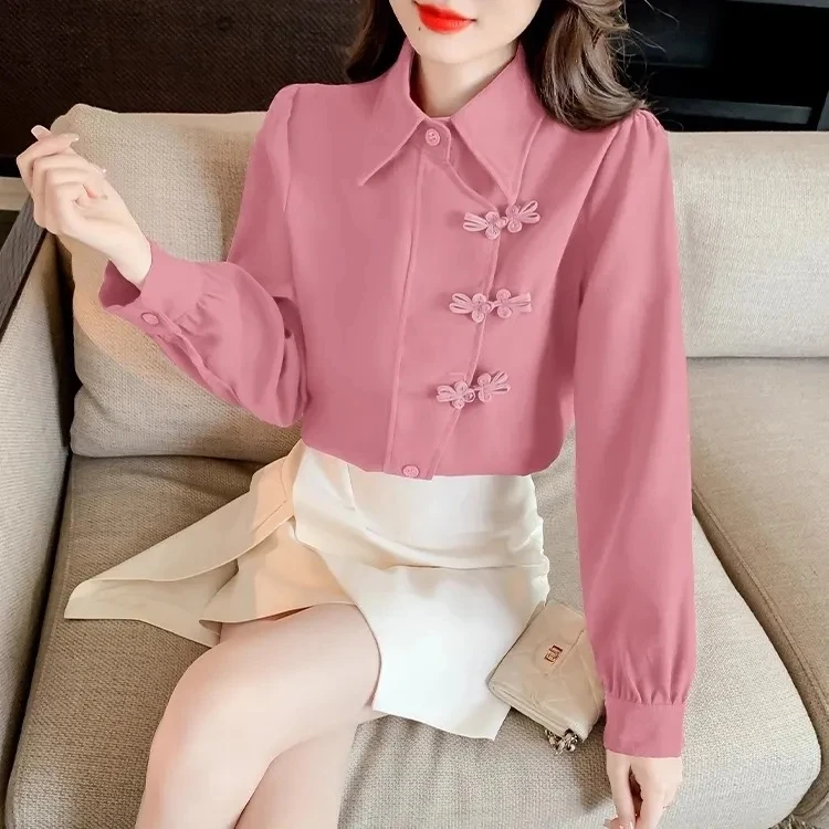 Red Chinese Sle Retro Button irt Women's Autumn Winter New Sle Elegance Blouse Trendy National Sle Top Women
