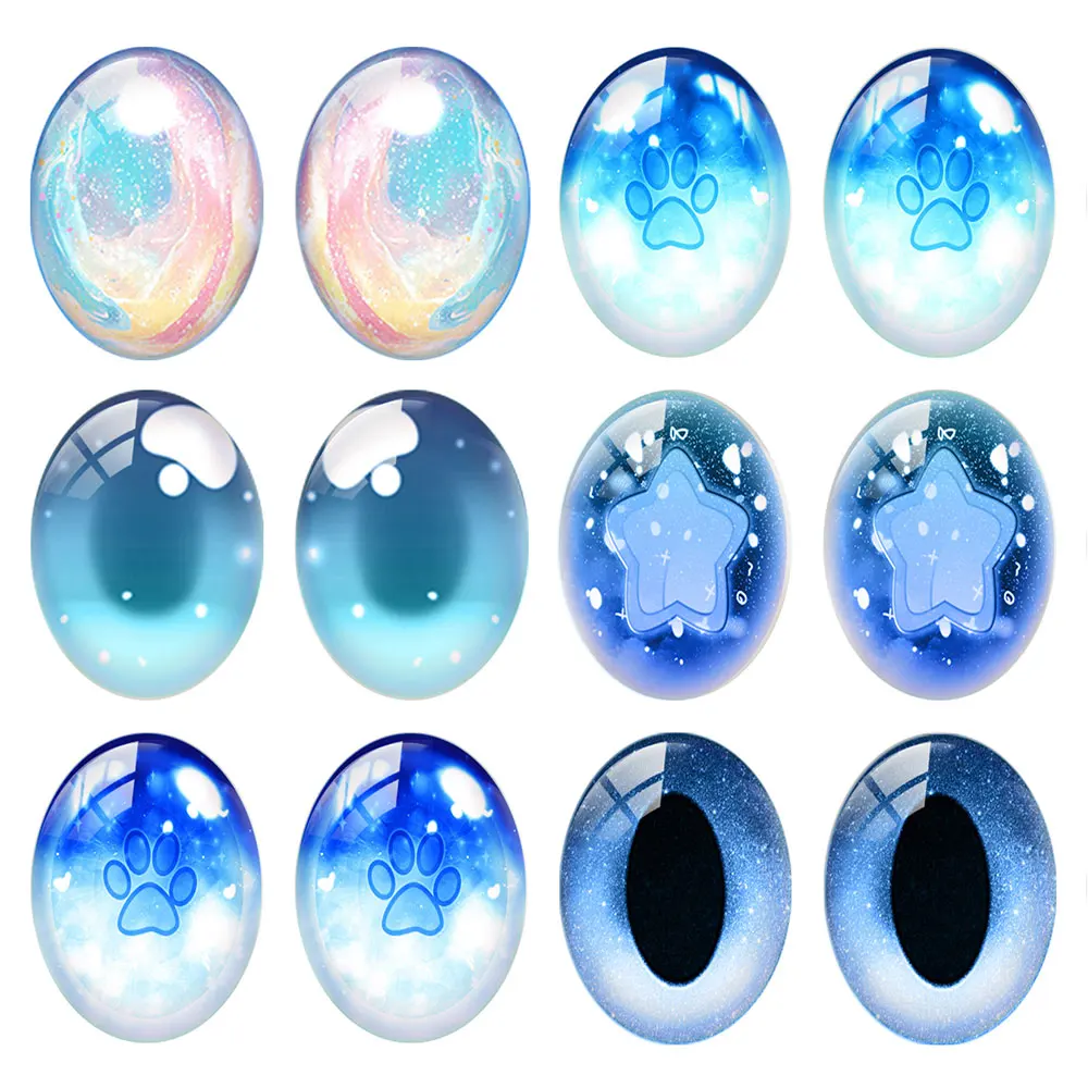 5pairs/lot Oval Cute Bling Cartoon Doll Crystal Eye Pupils Blue Star Photo Glass Cabochon Flatback Demo Cameo Diy Jewelry Making