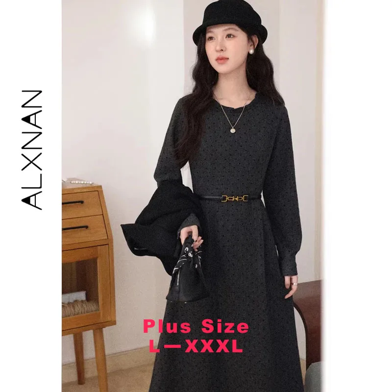 ALXNAN Plus Size Gray Polka Dot Dress 2026 Elegant Women's Long Dresses Long Sleeve Clothing No Accessories Included D662200