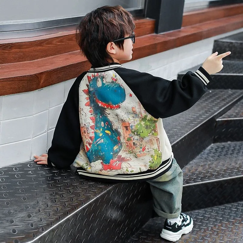 2025 New Boys' Dinosaur Print Baseball Jacket Korean Style Trendy Baby Boy Spring Autumn Outdoor Jacket