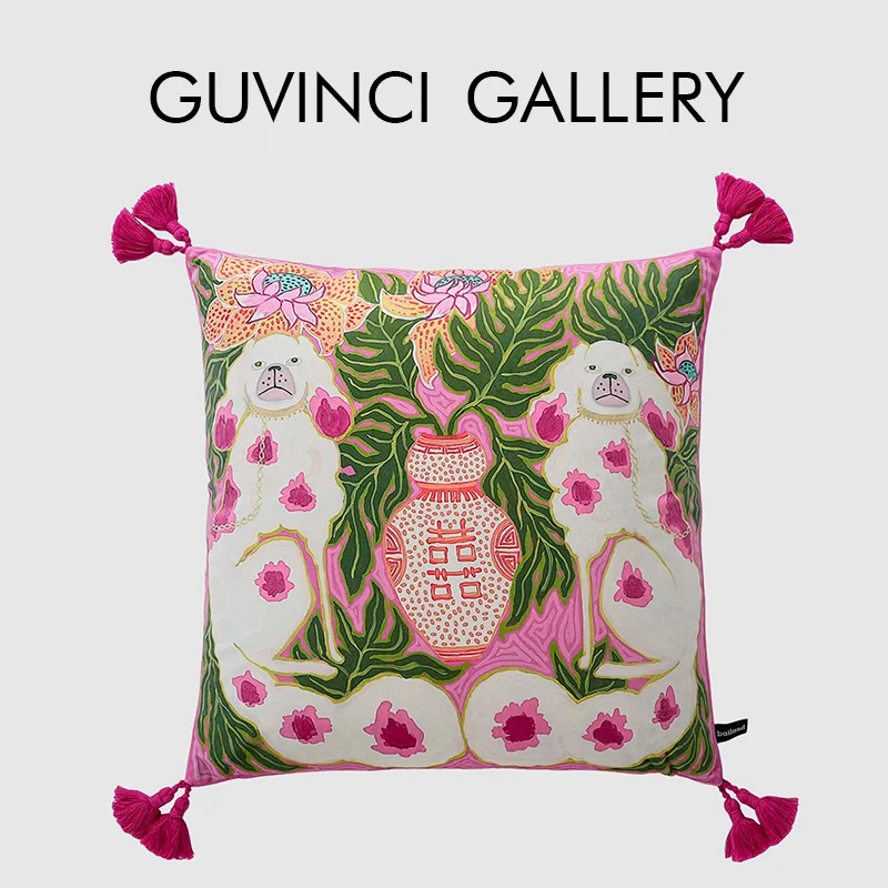 GUVINCI różowy lew pies dekoracyjne poszewki na poduszki w stylu Chinoiserie luksusowa mistyczna nadruk ze zwierzętami sztuka poszewka na kanapę
