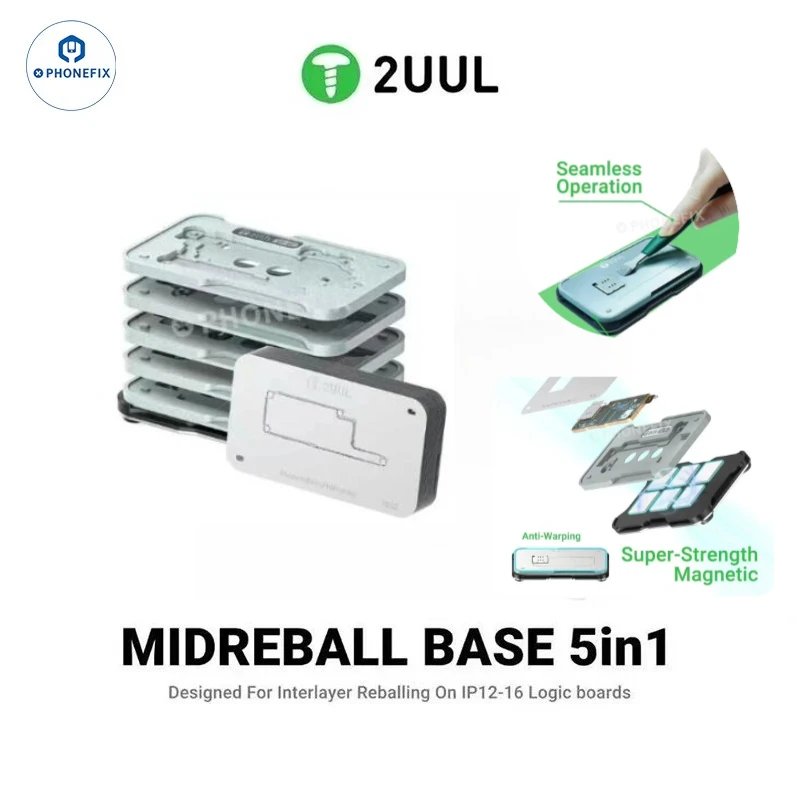 2UUL 5 in 1 Midreball Magnetic Base Positioning Mold for IPhone12-16 Series Middle Layer Reballing Stencil Logic Board Repair