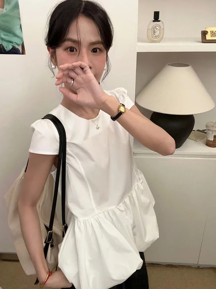 

Sweet Sle Floral Print ort Sve round Ne irt Women's Summer Faion Unique High Waist Skirt Hem irt White Color