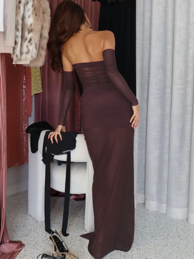 Oniflyme Strapless Mesh Patchwork Elegant Women Maxi Dress Sexy Off Shoulder Backless Sheer Ruched Partywear Bodycon Female Robe