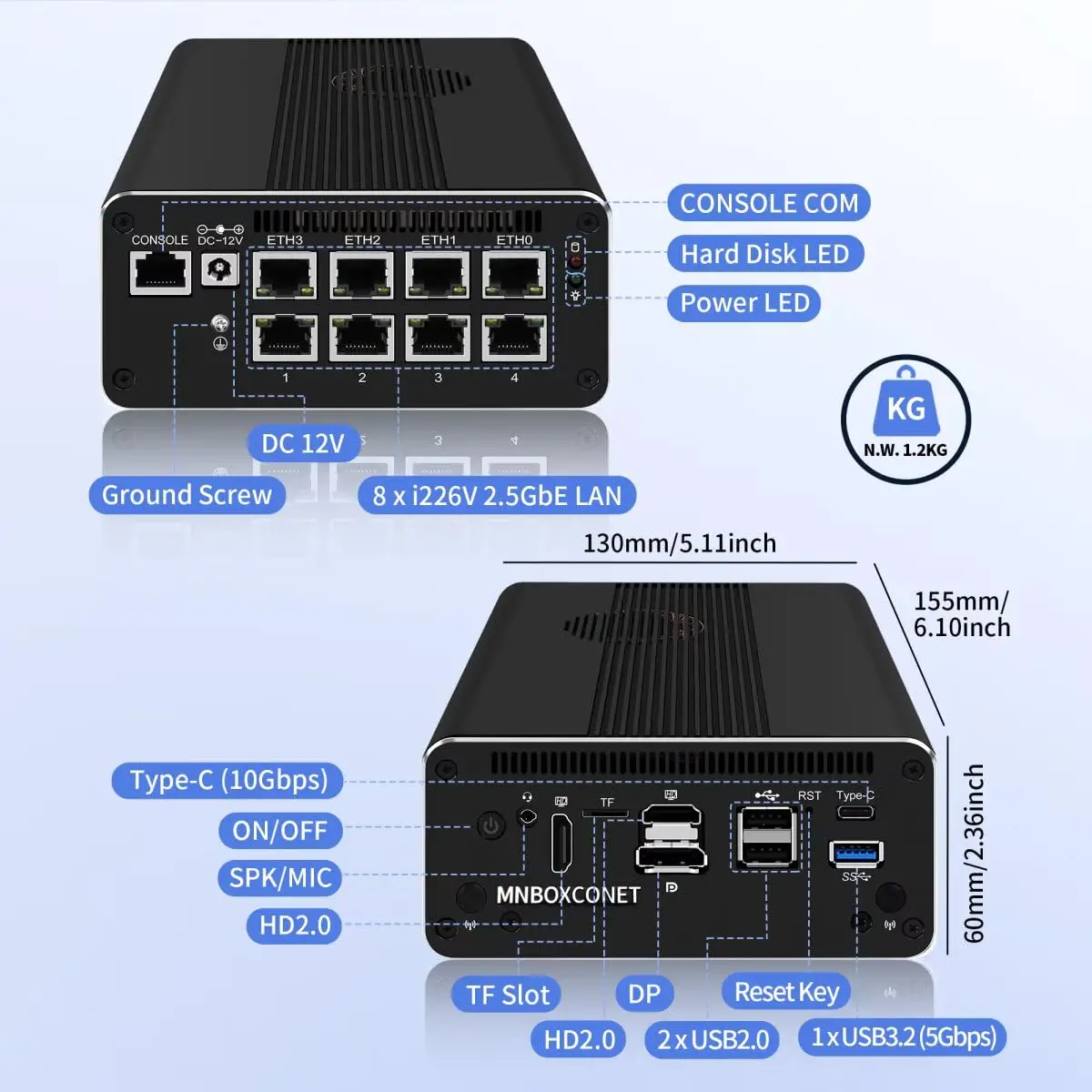 MNBOXCONET Mini PC Computer U300E (up to 4.3GHz), 8 Port I226V LAN, Firewall Appliance Hardware Micro Desktop,TypeC 4K Win 11Pro