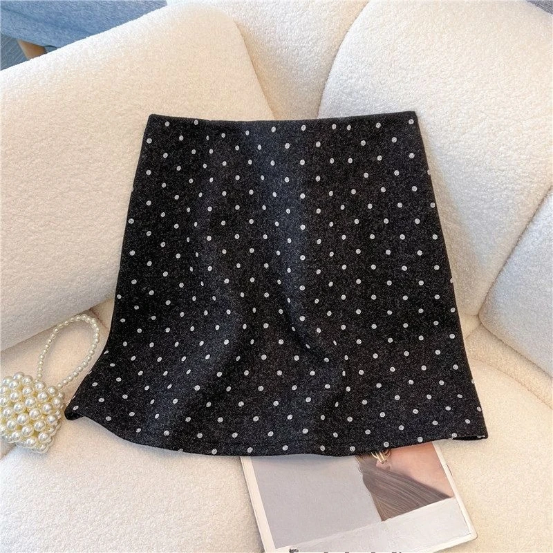 Korean Style Polka Dot Tweed Mini Skirts A-line Bodycon Women Skirt Slimming Versatile Fall Winter Vintage Faldas Mujer