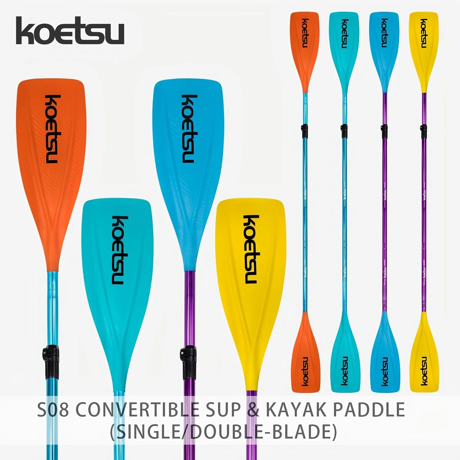 KOETSU S08 Konvertierbares Kajak-Paddel aus Aluminiumlegierung, Eloxiert, Zweifarbiges Design mit Doppel- und Einzelblatt