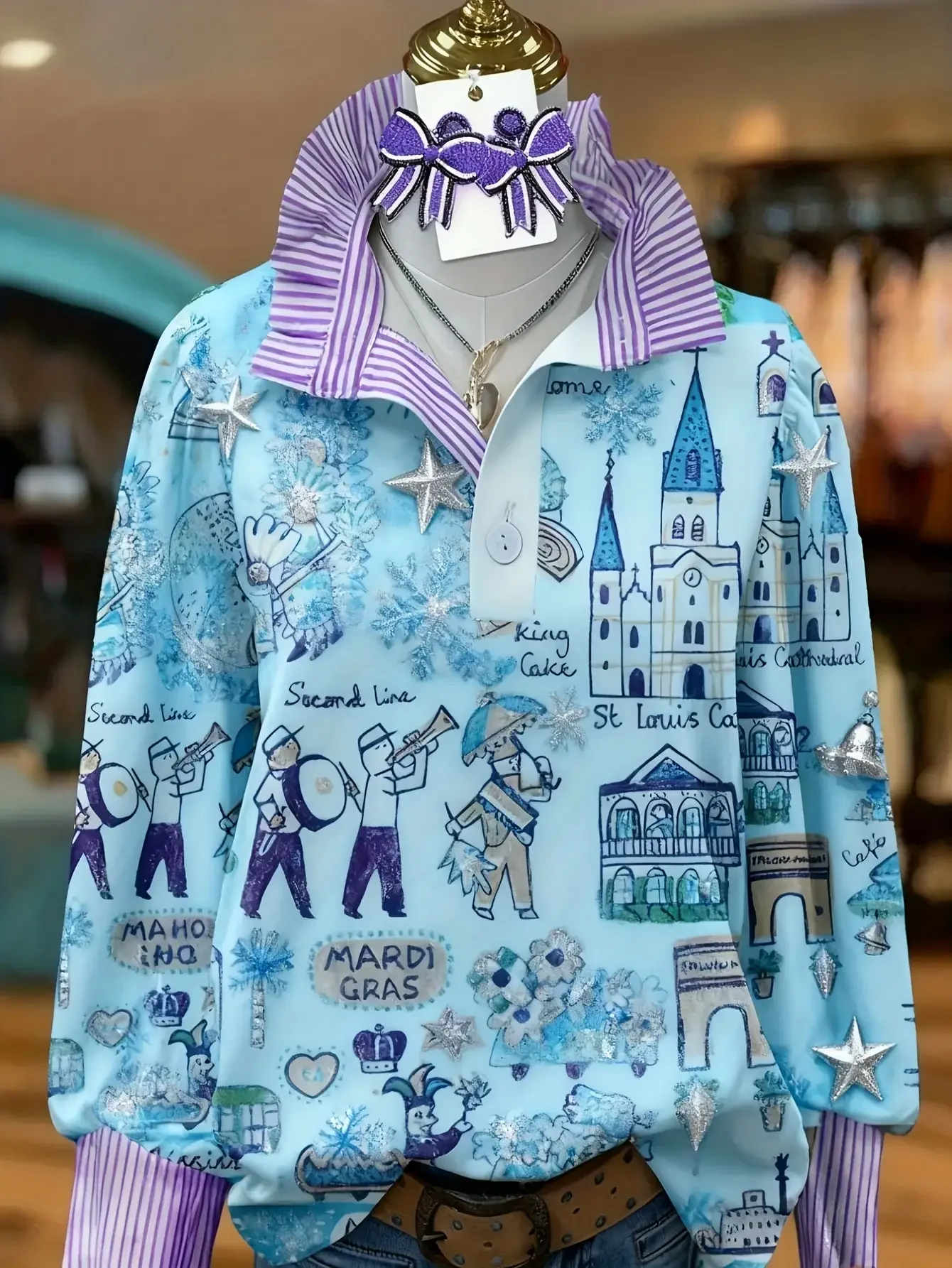 Women's striped personalized fashion shirt, multi-color striped collar, half button pattern, Candy stick and snowflake design