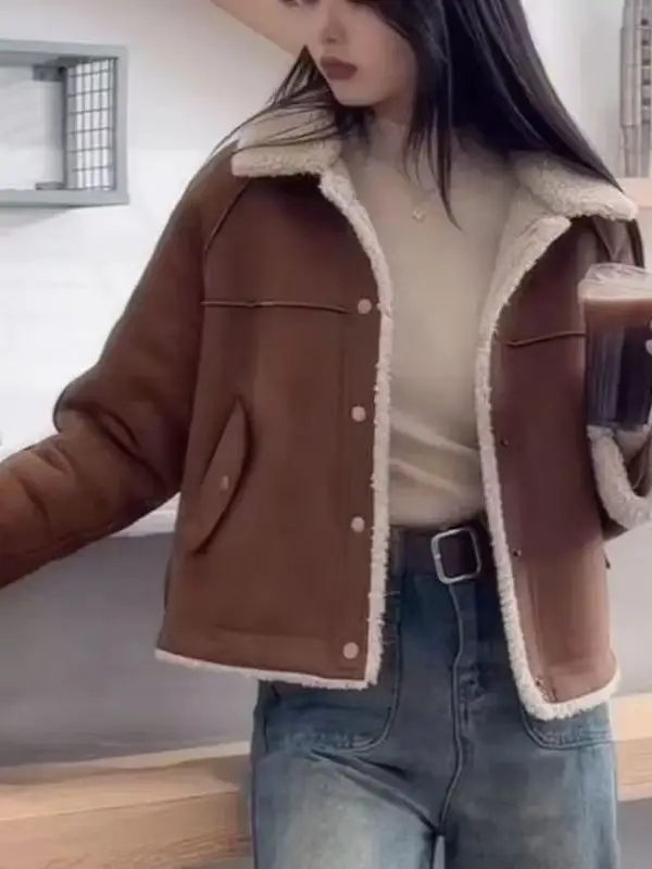 Casaco Feminino Quente de Algodão com Lã de Cordeiro Integrada, Corte Solto, Estilo Americano, Elegante, para Início da Primavera