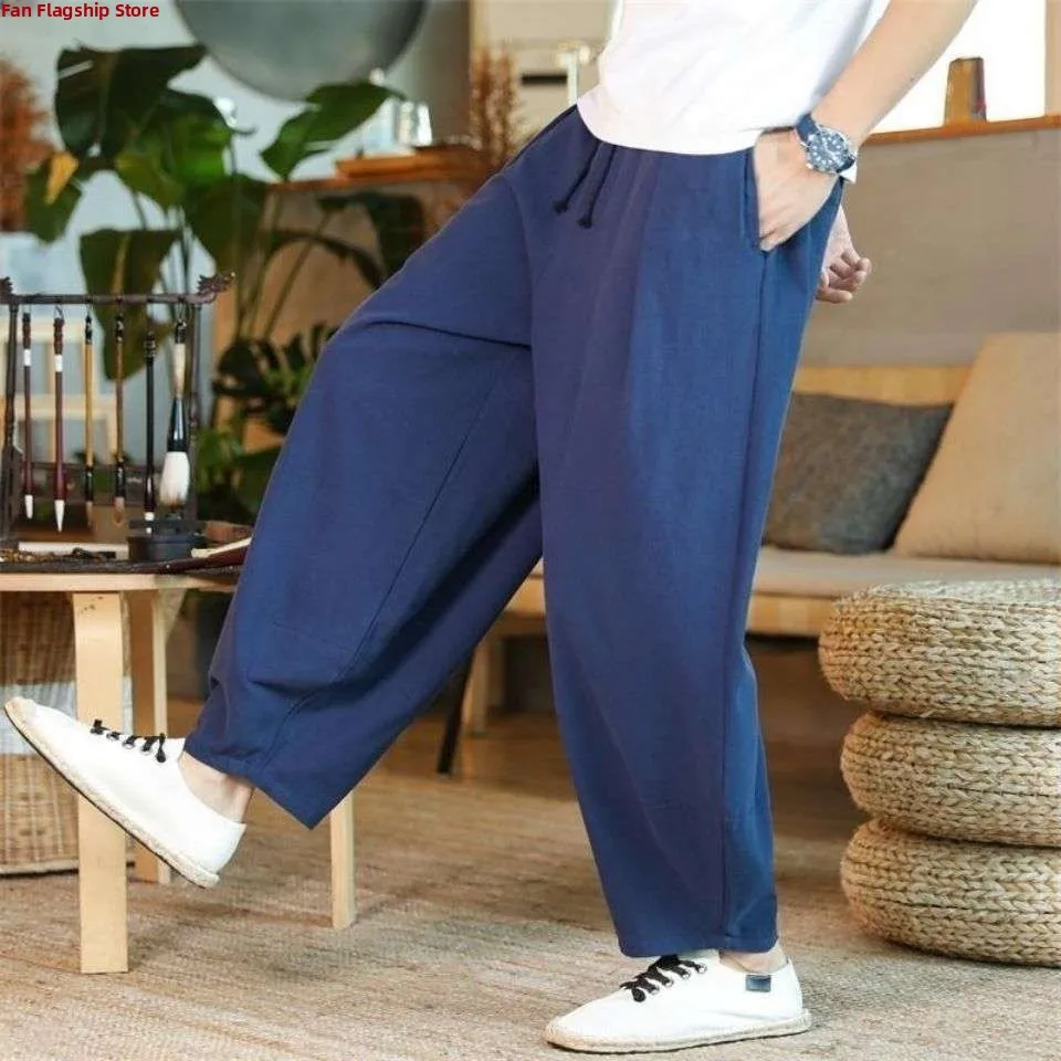 

Summer Loose Cotton Linen Men's Sports Pants plus Size Wide Leg Lampade Pants High Waist Straight Leg Long Cotton Linen