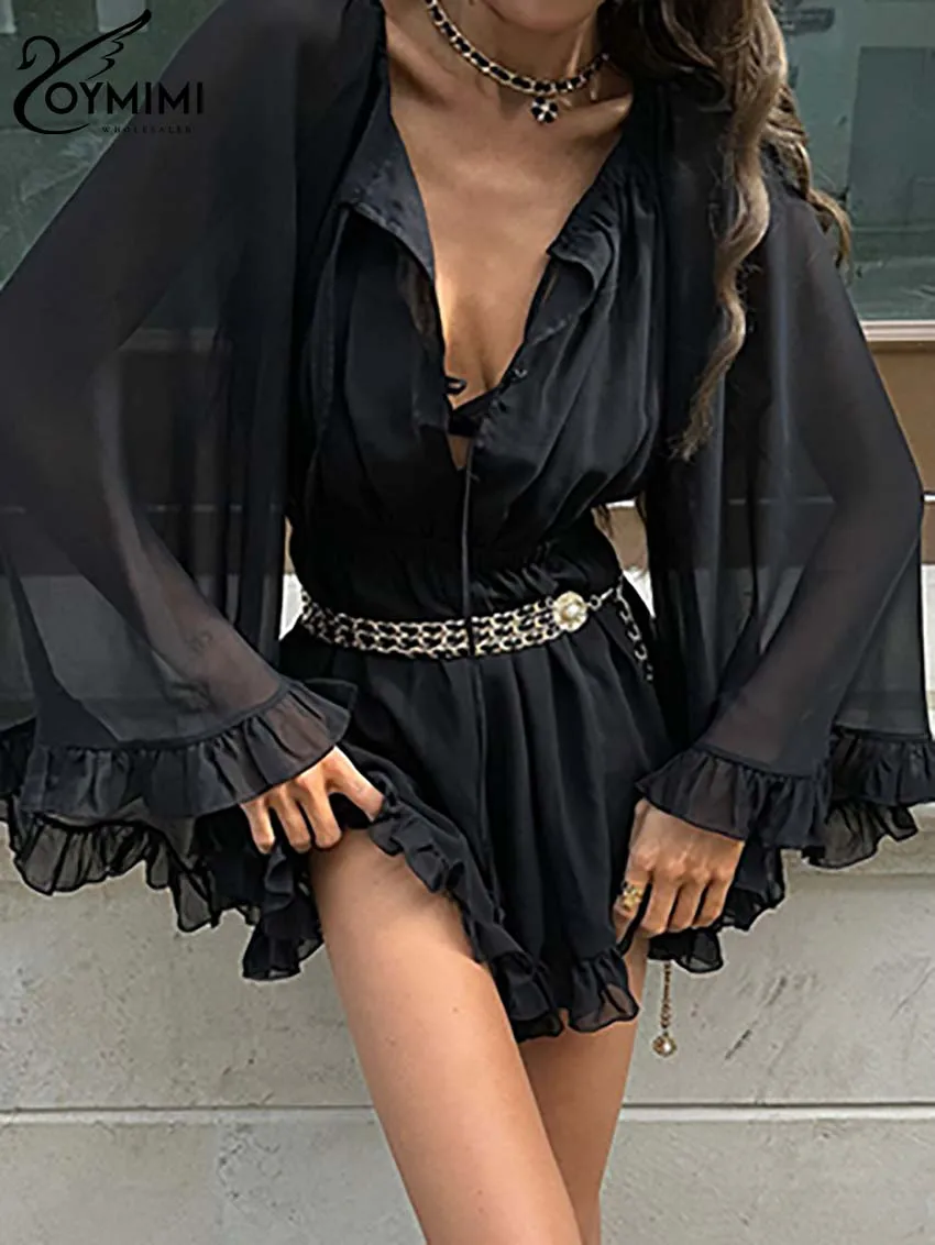 Oymimi Fashion Black Lace-Up Womens Dresses Casual Long Sleeve Button Ruffled Dresses Elegant High Waisted Pleated Mini Dress