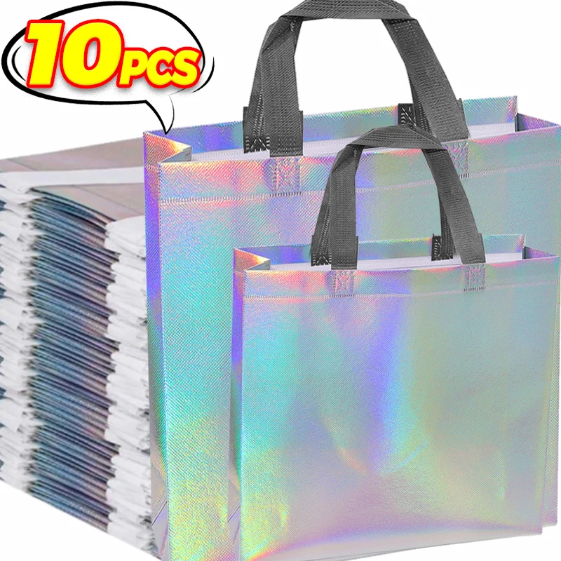 1/10PCS Iridescent Gift Bags Holographic Packaging Reusable Shopping Tote Bag for Grocery Wedding Birthday Party Gift Supplies