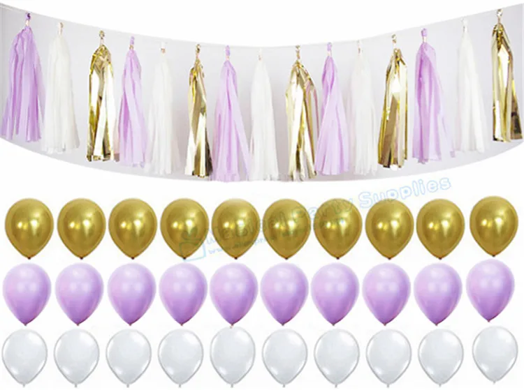 

1 Set Lavender Metallic Gold Tassel Garland Hanging Decorations Purple Latex Balloons Lilac Pompoms Wedding Princess Decor