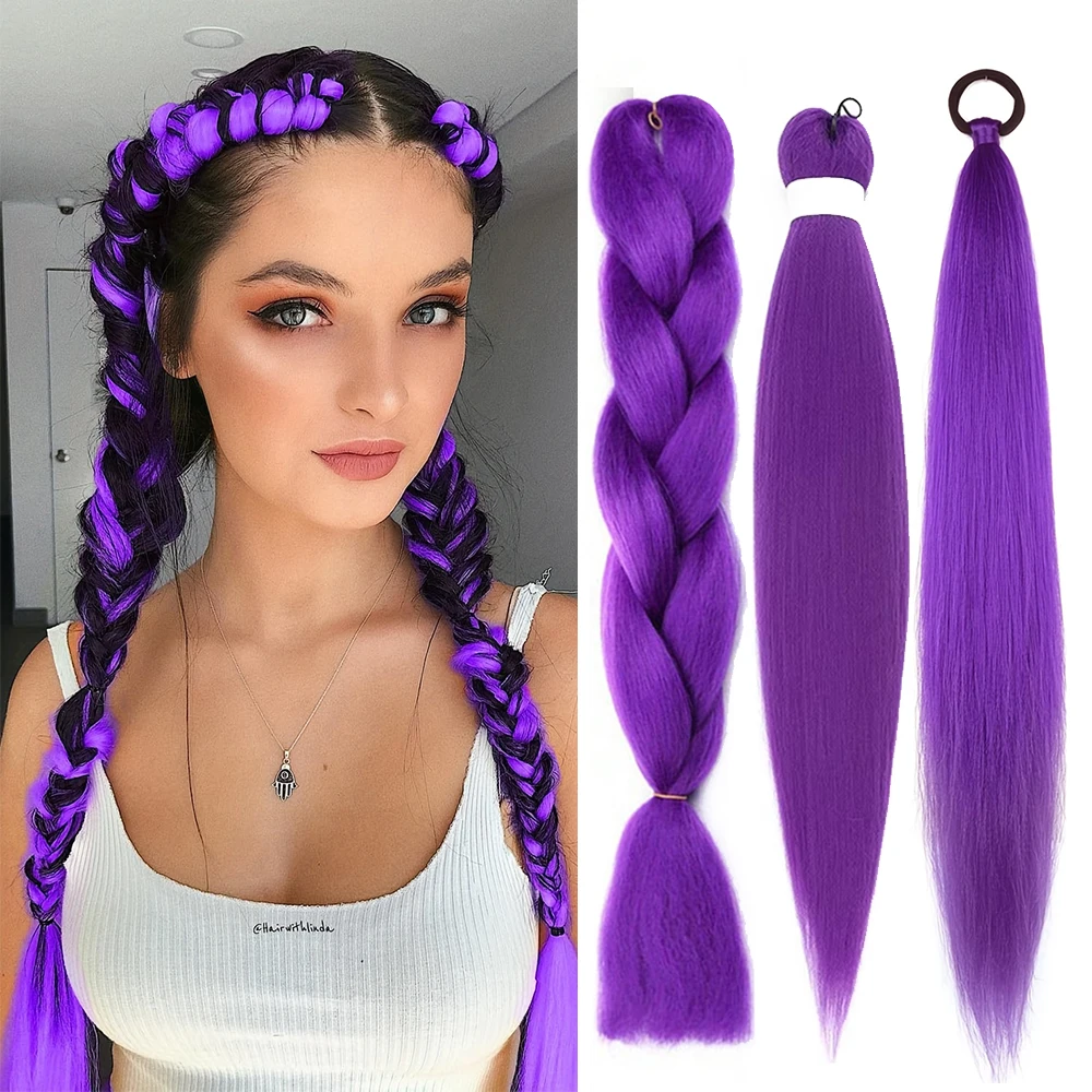

Synthetic Jumbo Braids DIY Ponytail 2Packs Long Purple Braiding Hair Pre Stretched Purple Stage Party Halloween Costume Cosplay