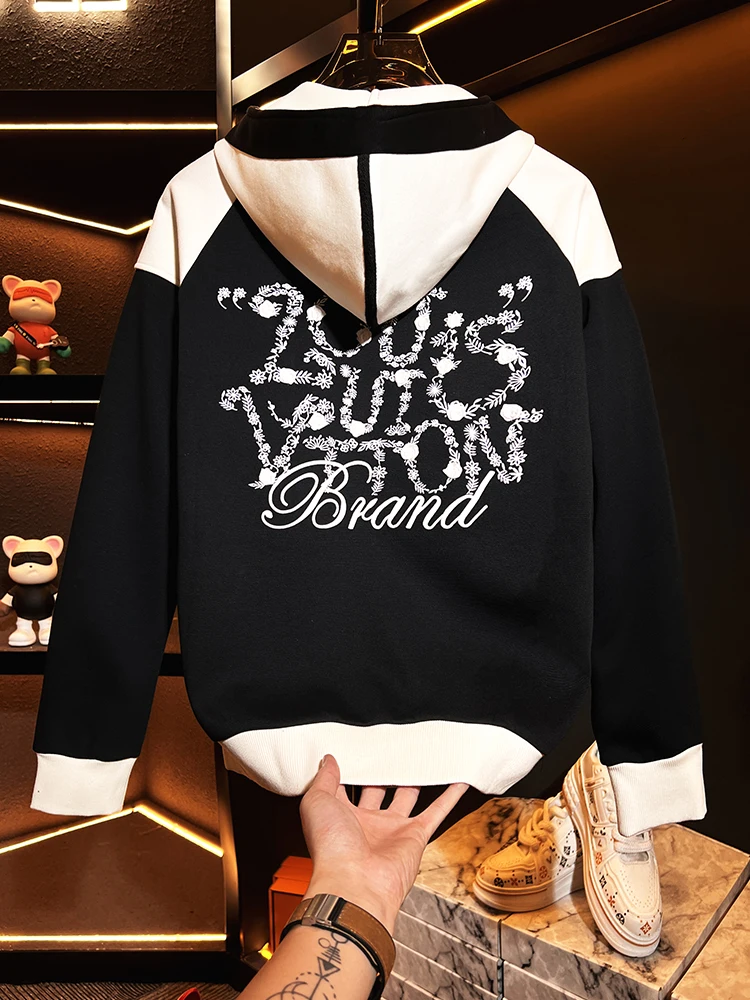 

Мужская модная толстовка с капюшоном и вышивкой, на молнии, теплая, из смесового хлопка и полиэстера, с длинными рукавами