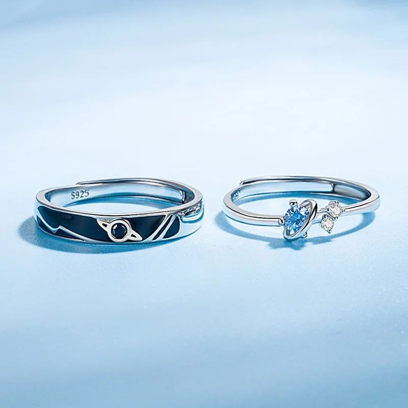 Trumium Solid 925 Sterling Silver Blue Zircon Planet Couple Open Rings For Women Men Original Girlfriend Jewelry Romantic Gift