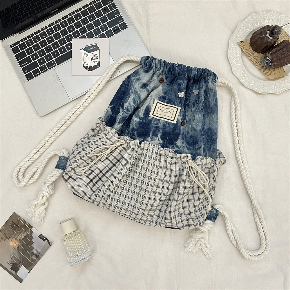Patchwork Checkered Pattern Backpack Contrast Color Design Canvas Backpack Simple Style Pack for Spring Summer Women Use Bags