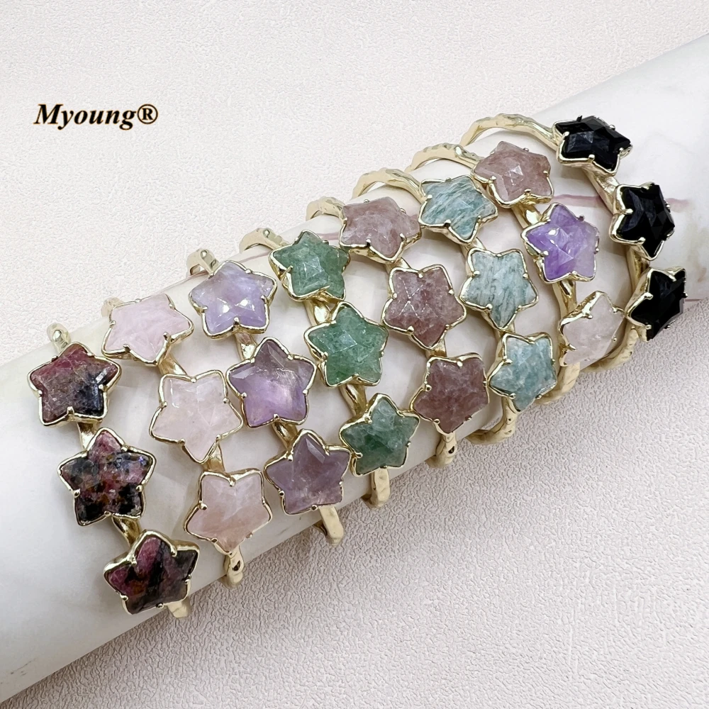 Lucky Three Stones Star Cuff Bracelet Natural Strawberry Quartz Amethysts Crystal Amazonites Open Bangles For Women