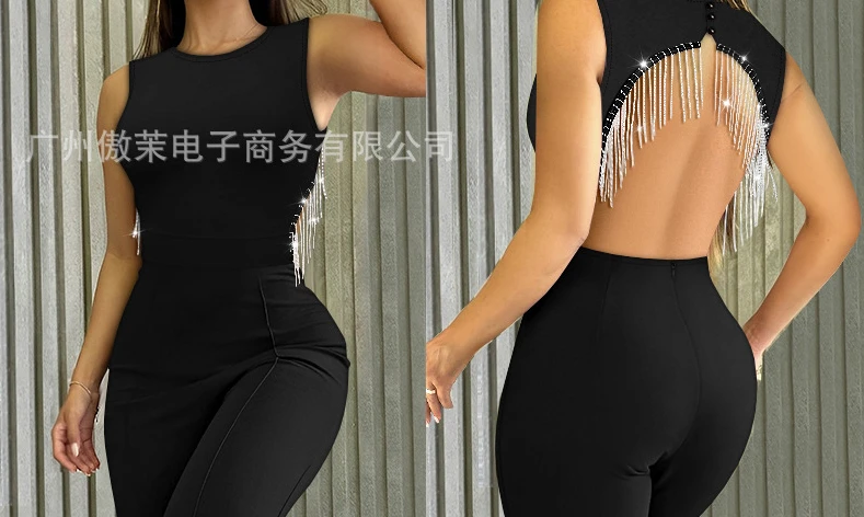 여성 봄 여름 점프 슈트 솔리드 컬러 백 레스 하이 웨이스트 와이드 레그 팬츠 민소매 섹시 캐주얼 패션 편안한 레귤러