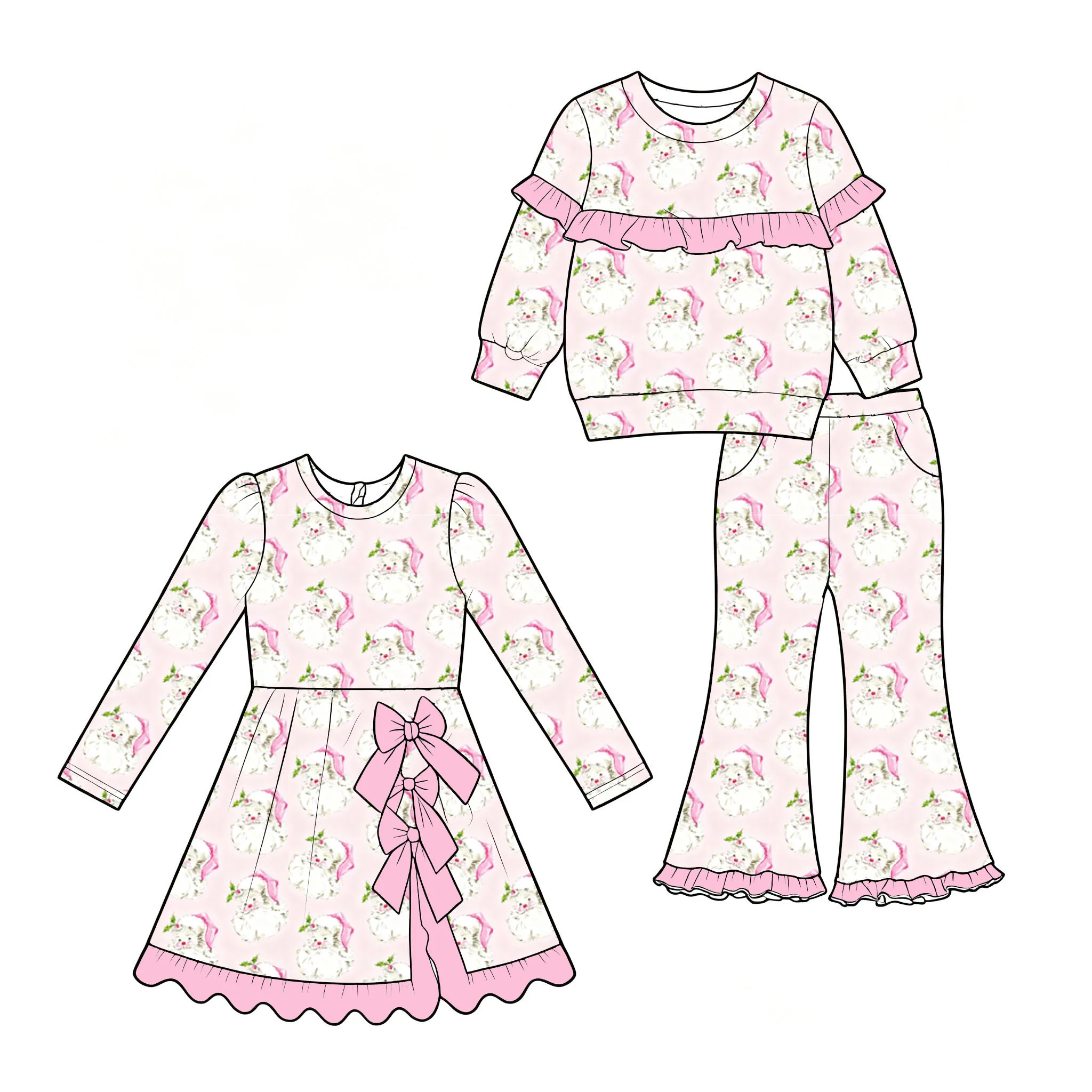 Boutique Kids Clothing Sets Crew Neck Long-Sleeve Top and Bell-Bottoms Bow Decoration Dress Christmas Collection Print